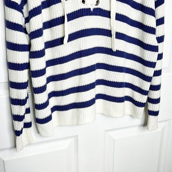 LOFT NWT Striped Lace Up Polo Sweater Women's Medium Blue‎ White Nautical Preppy - Picture 6 of 10